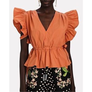 Ulla Johnson Iyla Flutter Sleeve Ruffle Cotton Poplin Blouse Top Clay Orange 12